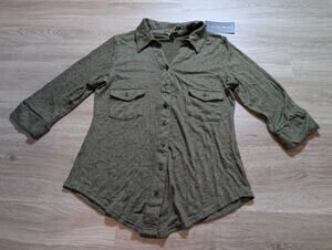 NWT Ashley Blue Womens M Olive Button Shirt Utility Roll Tab Top Military Green